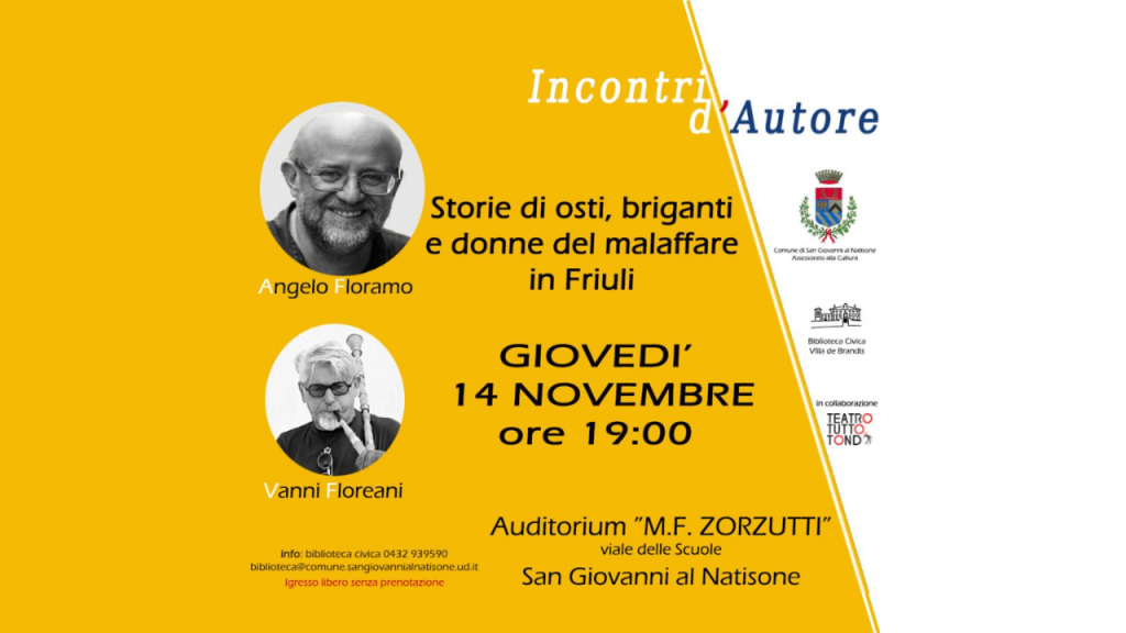 Locandina evento a San Giovanni al Natisone con Angelo Floramo del 14 novembre 24