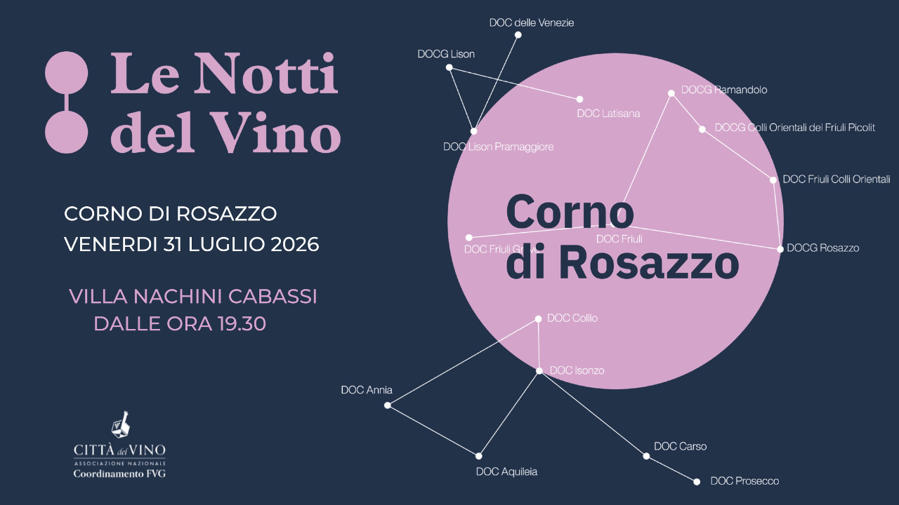 Locandina ufficiale dell'evento Le Notti del Vino a Corno di Rosazzo: grafica promozionale con informazioni sulla serata di venerdì 31 luglio a Villa Nachini Cabassi.
